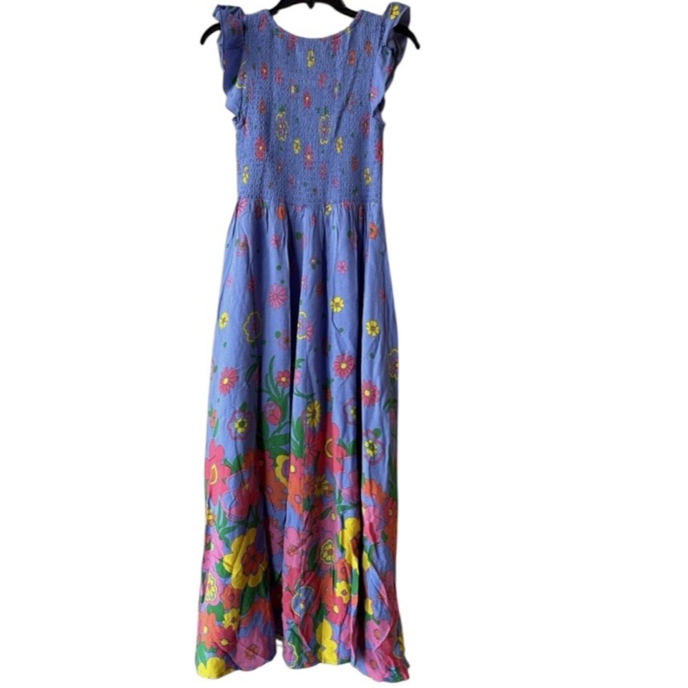 Mister Zimi Blue Meadow Floral Print Abbie Elasticized Smocked   Midi Dress 6 - Picture 5 of 7
